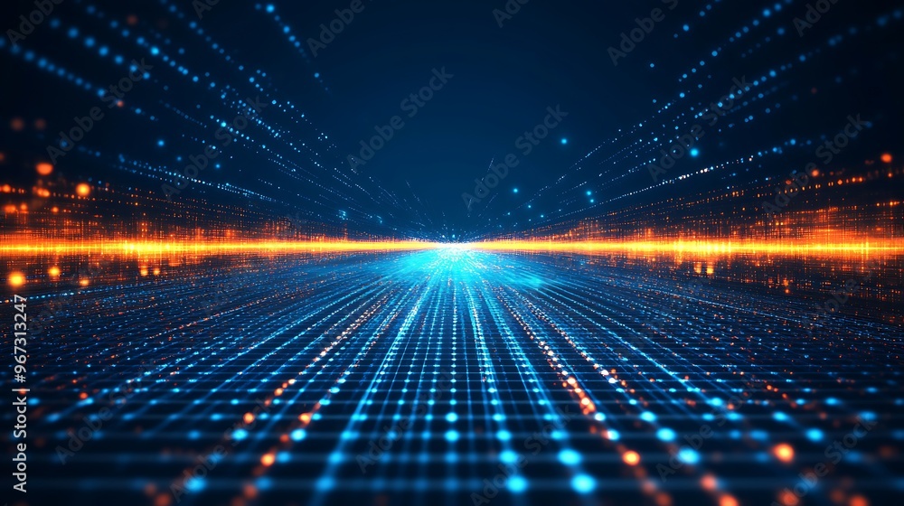 Poster dynamic visual of glowing data points creating an abstract technology landscape, illustrating depth 