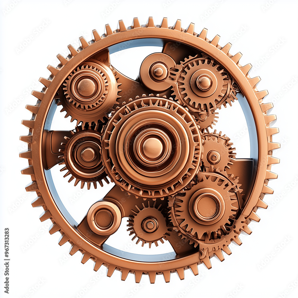 Poster 3d render of a complex mechanical gear isolated on a white background