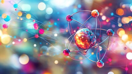 A colorful and intricate graphic of atoms interacting in a chemical reaction, with vibrant electron paths and molecular structures.