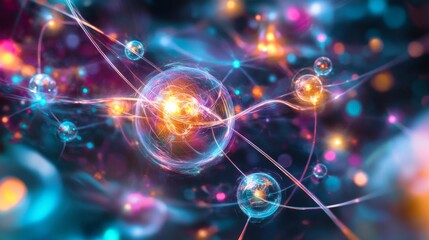 Obraz premium A colorful and intricate graphic of atoms interacting in a chemical reaction, with vibrant electron paths and molecular structures.