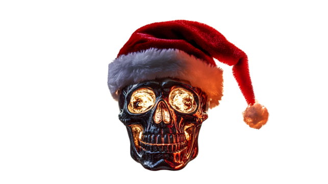 collection of a single glowing skull Christmas ornament with a festive Santa hat and a mischievous grin isolated on transparent background