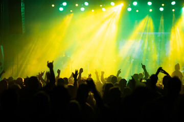 Crowd at concert and colorful stage lights.