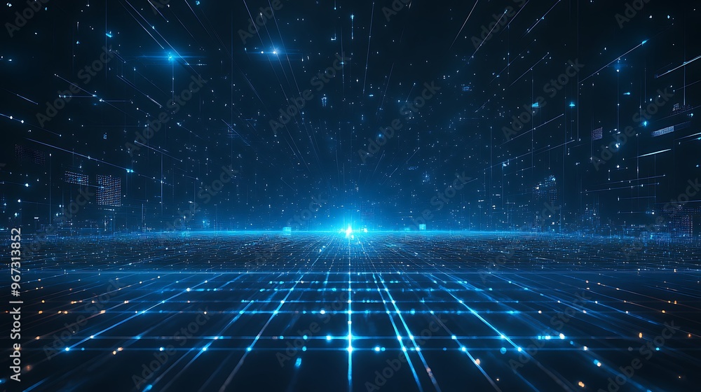 Poster futuristic blue digital landscape with glowing particles and lines creating a sense of depth and tec