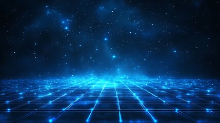 Futuristic blue digital landscape with glowing grid and starry background, ideal for technology and sci-fi themes.