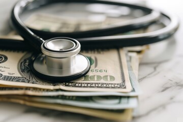 A stethoscope rests on a pile of US dollar bills, symbolizing the cost of healthcare and financial well-being with a clean marble background.