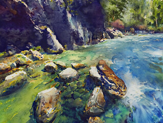 Watercolor painting, crystal-clear stream flows through lush green forest and towering cliffs, cascading over moss-covered rocks, waterfall flowing over moss-covered rocks, nature surrounded by lush g