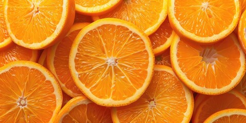 Freshly cut orange slices arranged neatly on a table, showcasing vibrant colors and textures