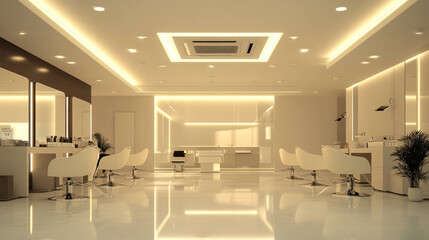 A modern beauty salon interior featuring sleek white chairs, elegant lighting, and spacious layout. ambiance is inviting and stylish, perfect for relaxation and pampering