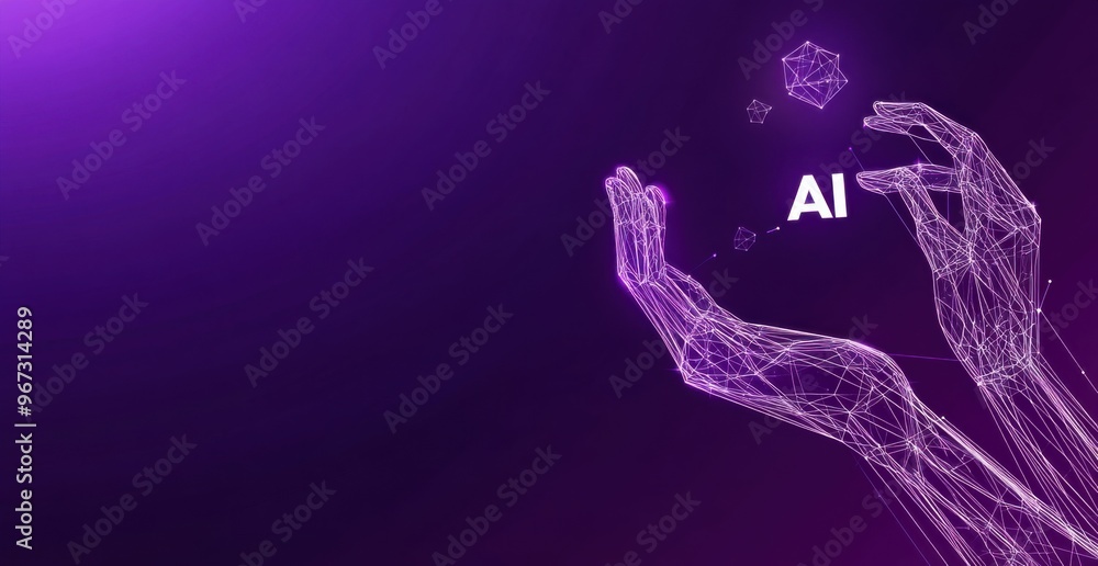 Poster futuristic ai digital concept with wireframe hands on a purple background showcasing artificial inte