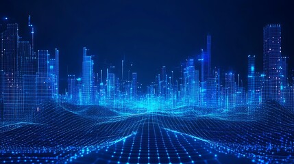 Fototapeta premium Futuristic cityscape with glowing blue lines and grids, representing a digital universe and advanced technology concept.