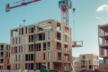 A construction site with wooden-framed buildings under development, featuring a prominent crane lifting materials against a clear blue sky.