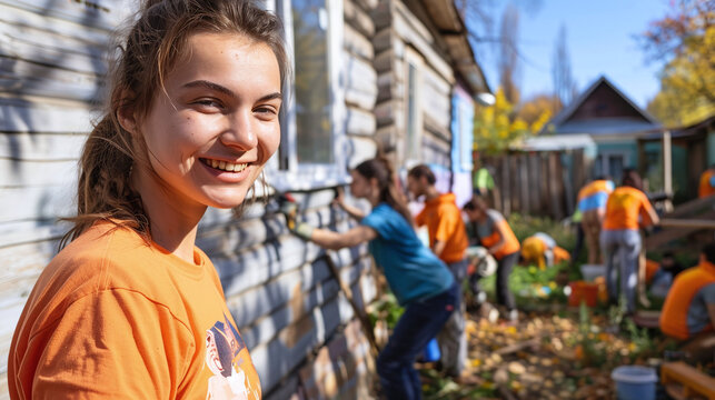 Female volunteer in a group of volunteers who are repairing a house
