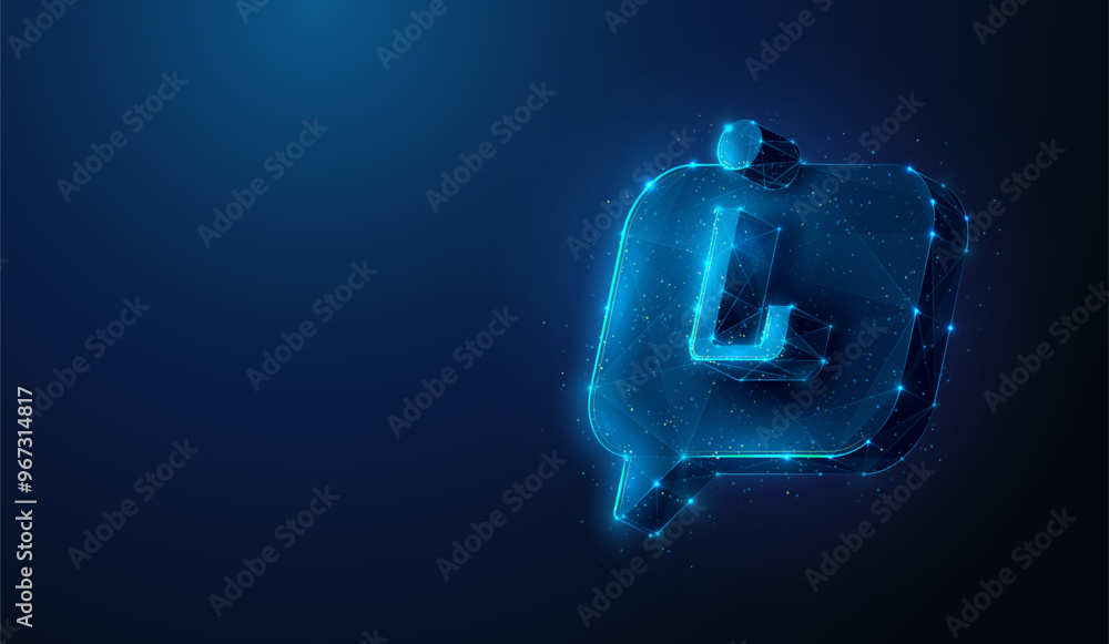 Poster abstract illustration of letter i floating over chat bubble in low poly style. blue geometric backgr