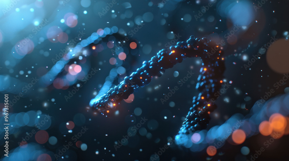 Poster image showcases close up view of DNA double helix structure, surrounded by dreamy, abstract background filled with glowing particles. This representation highlights complexity and beauty of genetic m