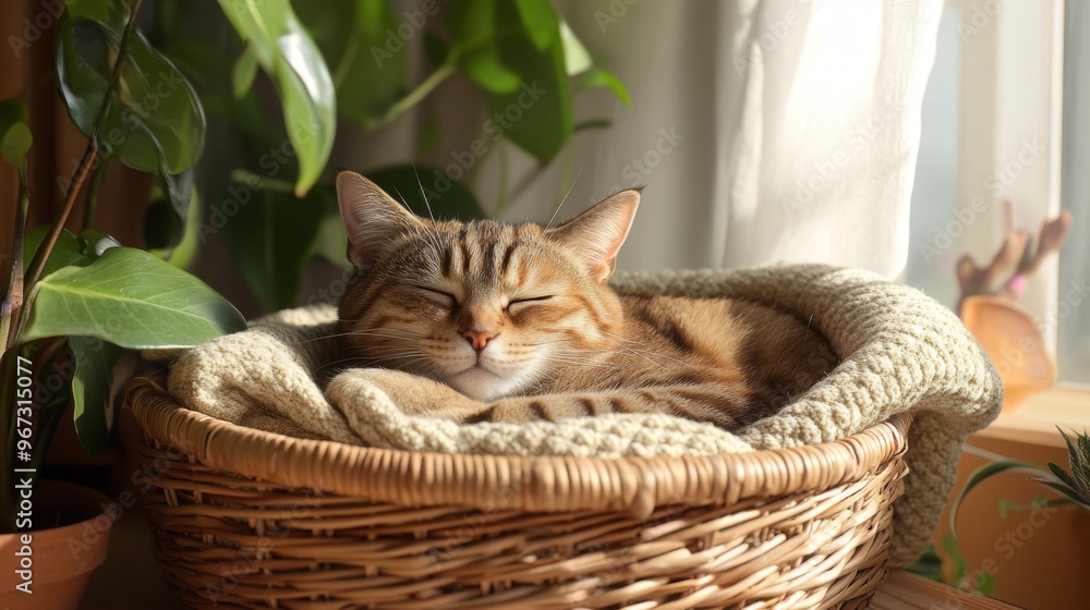 Aufkleber A cozy corner with a cat sleeping in a wicker basket lined with a soft blanket, creating a warm and inviting atmosphere.