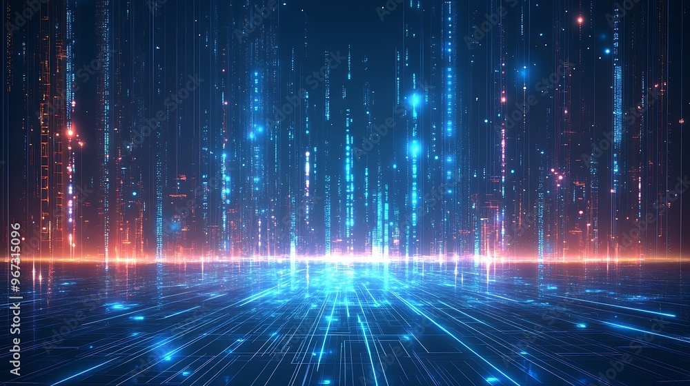 Poster futuristic digital landscape featuring glowing lines and particles, creating a vibrant and dynamic a