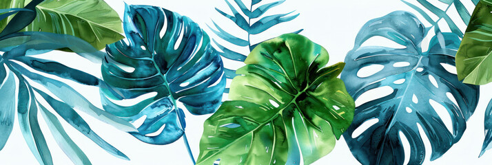 Lush green tropical leaves create vibrant and refreshing atmosphere, showcasing various shades of green and blue. This botanical artwork brings sense of nature indoors, perfect for any decor