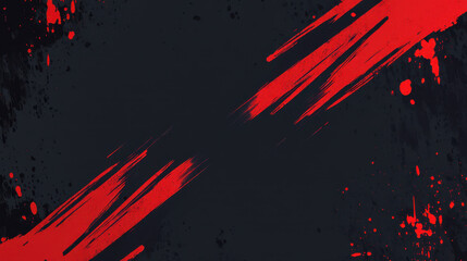 Red brush strokes with paint splatter on a dark background with copy space for text