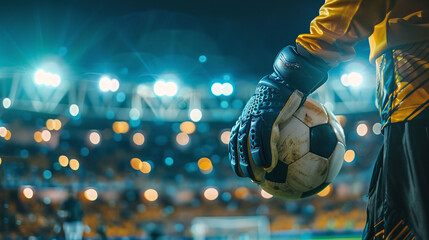 Goalkeeper holds a football in his hands against the background of stadium stands and spotlights