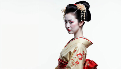 Fototapeta premium A striking portrait of a beautiful geisha in a traditional kimono, against a clean white background.