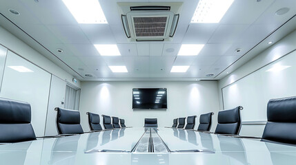 Fototapeta premium A modern conference room featuring long glass table, black leather chairs, and large screen for presentations. bright lighting creates professional atmosphere ideal for meetings