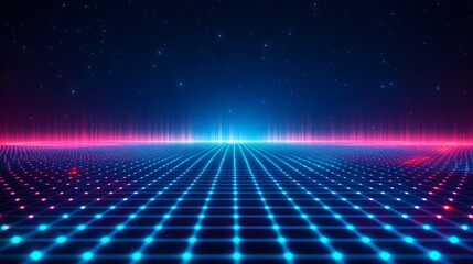Futuristic digital landscape featuring vibrant neon grid lines illuminated by blue and pink lights against a starry background.