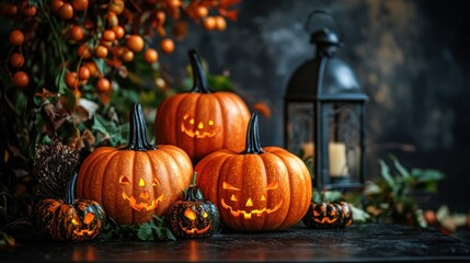 Spooky Jack-o'-Lanterns and Lantern for Halloween