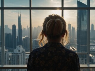 Silhouette of woman in dress looking out from window at cityscape with skyscrapers Back view of rich woman resting in luxury apartment.