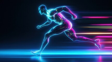 Fototapeta premium Futuristic Athlete Sprinting in Slow Motion with Neon Light Trails and Holographic Effect