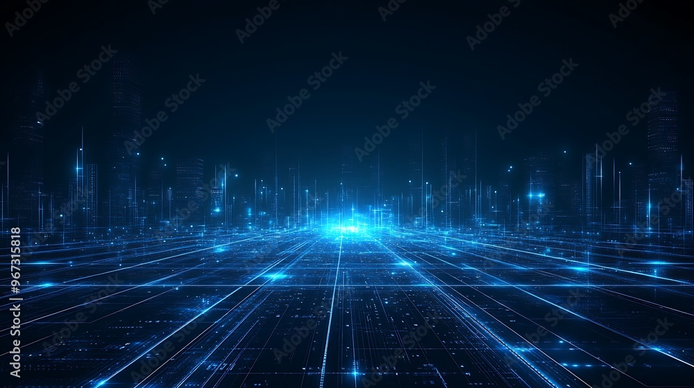 Poster futuristic digital landscape with glowing blue lines and data points, representing technology and in