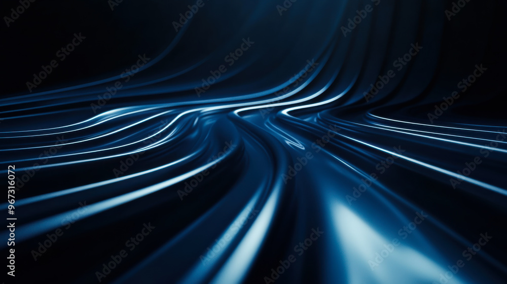 Poster abstract wave patterns in deep blue tones captured in a smooth flowing design, creating a sense of m