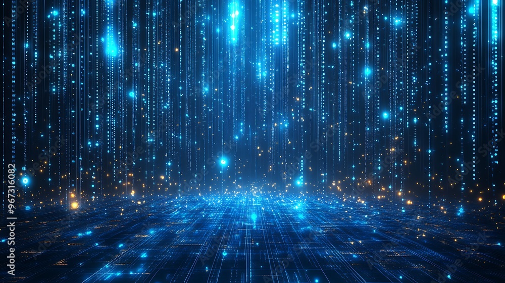 Poster futuristic digital landscape with glowing blue particles and lines creating a mesmerizing visual dep