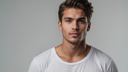 Portrait of a handsome young man in studio on white background. Handsome guy in a white t-shirt.