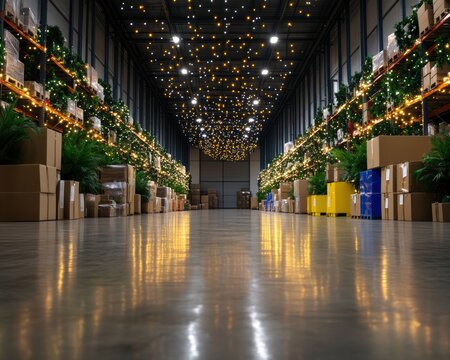 Large warehouse adorned with festive string lights and greenery, featuring stacked packages and pallets. Ideal for holiday logistics or seasonal storage themes.