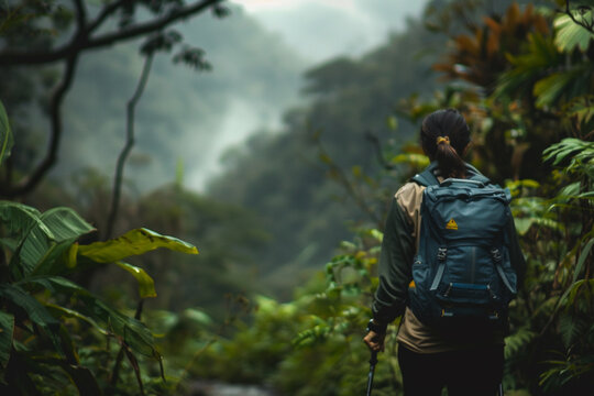 Back View of a Hiker Walking Along a Lush Mountain Trail &ndash; Blurred Trees in the Foreground Evoke a Sense of Adventure and Tranquility, Perfect for Nature Enthusiasts and Outdoor Explorers