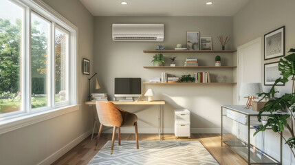 Fototapeta premium A modern home office featuring stylish desk, comfortable chair, and organized shelves. Natural light floods space, creating serene and productive atmosphere