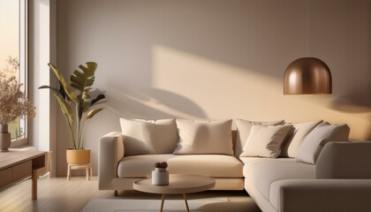 A simple living room interior design with clean lines and neutral colors.
