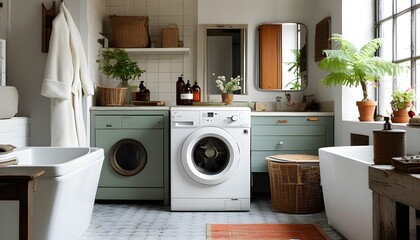 Modest bathroom featuring a washing machine in a simple apartment setting