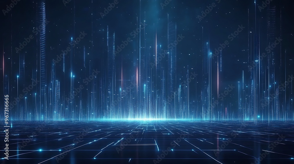 Poster futuristic digital landscape with glowing lines and particles, creating a mesmerizing display of tec