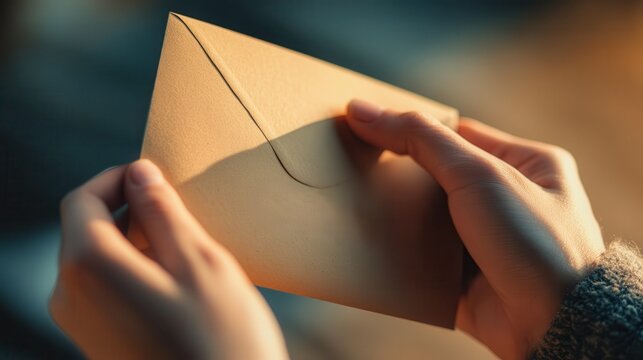 Seizing the Opportunity - Hands Holding an Open Envelope with Offer Word, Sunlit Paper, Warm Tones, Realistic Image of Opportunity Moment