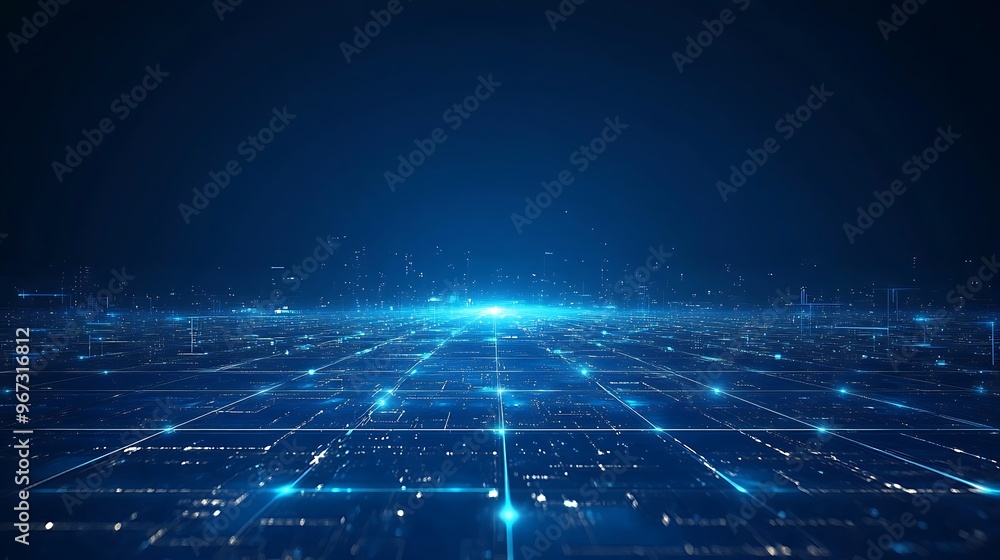 Poster futuristic digital landscape with glowing lines and points, creating a sense of depth and technology