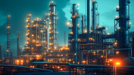 Futuristic power plant station, oil and gas refinery, Hydrogen power plant, large steel tanks and pipes