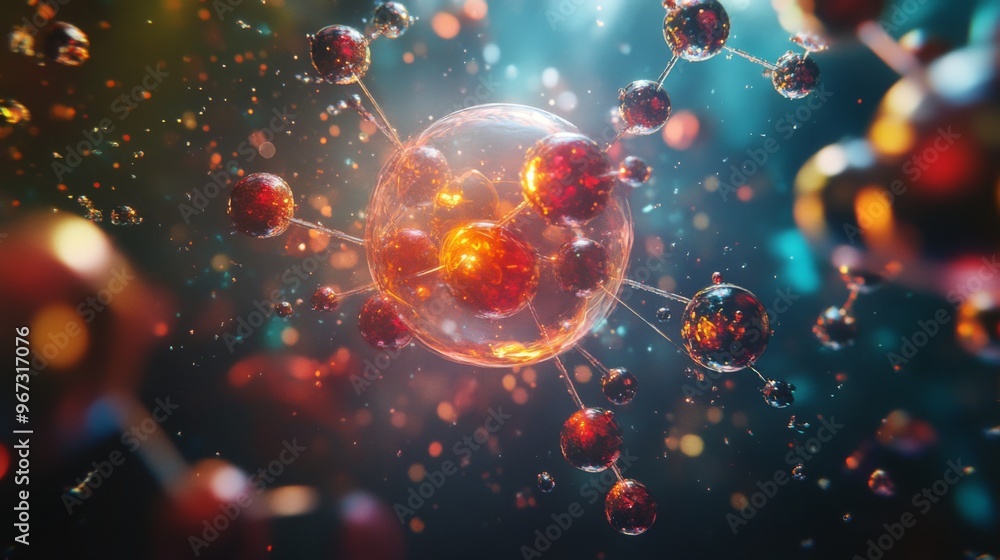 Poster A dynamic scene showing atoms in a gaseous state, with particles moving freely and colliding in an animated, scientific setting.