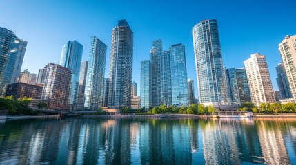 Fototapeta premium A dramatic shot of high-rise buildings with reflective glass facades against a clear blue sky, highlighting the city's architectural grandeur.