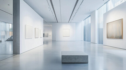 Fototapeta premium A museum with white walls and white art on the walls. The art is abstract and the room is empty