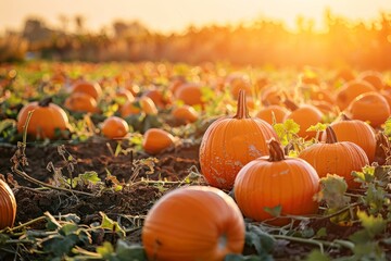 A vibrant field of pumpkins basking in the golden sunset, surrounded by green leaves and brown earth.