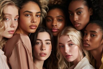 Obraz premium Eight women with different skin tones and facial features stand closely together, showcasing natural beauty and unity through diversity in an intimate group portrait.