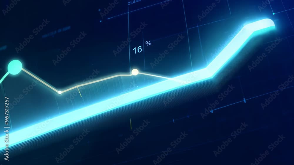 Poster glowing blue digital line graph showing a steady upward trend, representing growth, progress, and da