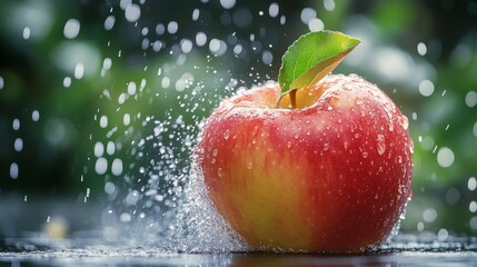 A dynamic shot of an apple with water droplets being splashed or sprayed, highlighting its freshness and the juicy texture of the fruit.