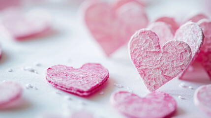 Obraz premium Delicate pink hearts made of textured paper create romantic and whimsical atmosphere, perfect for celebrations or crafts. Their soft hues evoke feelings of love and joy